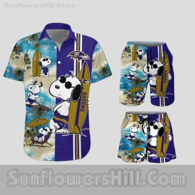 Baltimore Ravens Snoopy Beach Shirt and Matching Shorts Set for Weekend Vibes