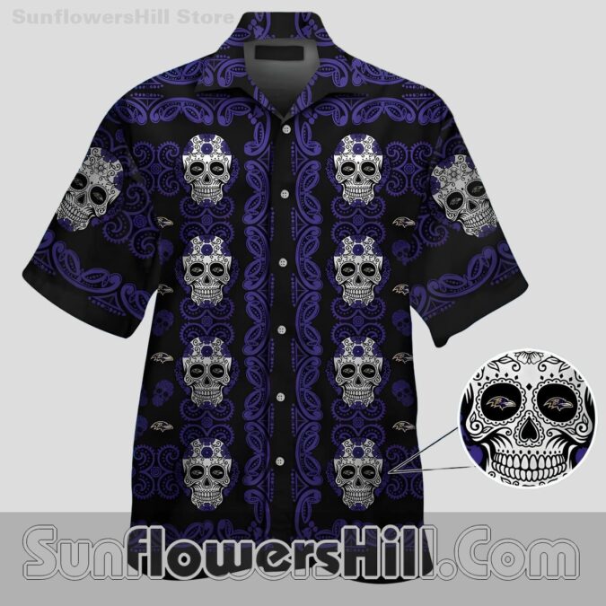 Baltimore Ravens Sugar Skull Hawaiian Shirt for Halloween Tailgates and Game Day
