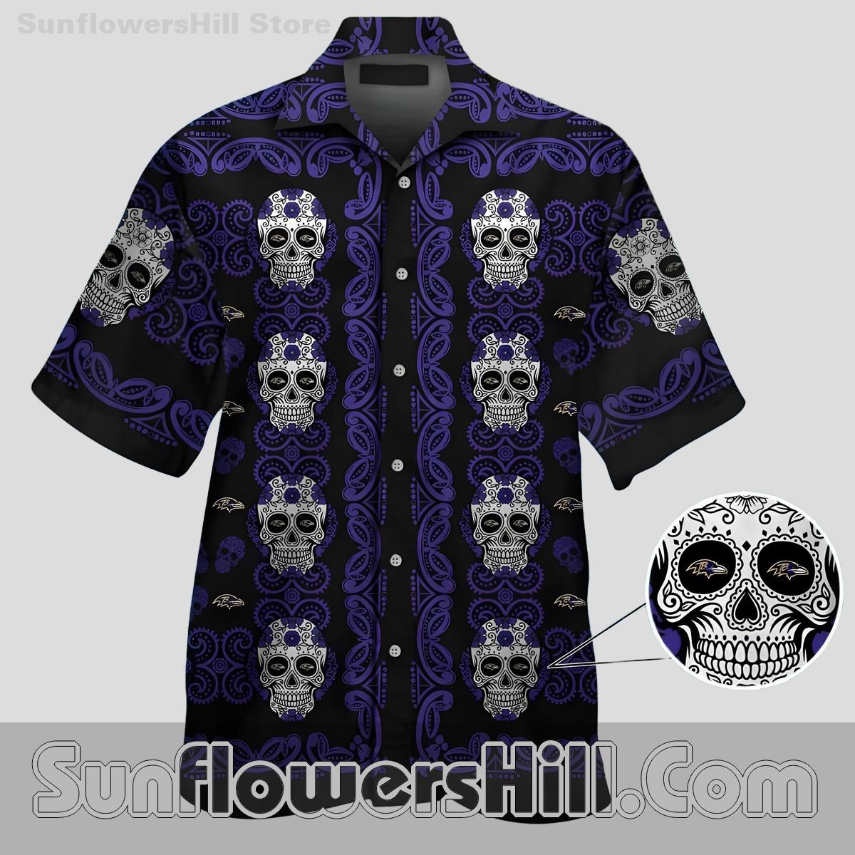 Baltimore Ravens Sugar Skull Hawaiian Shirt for Halloween Tailgates and Game Day