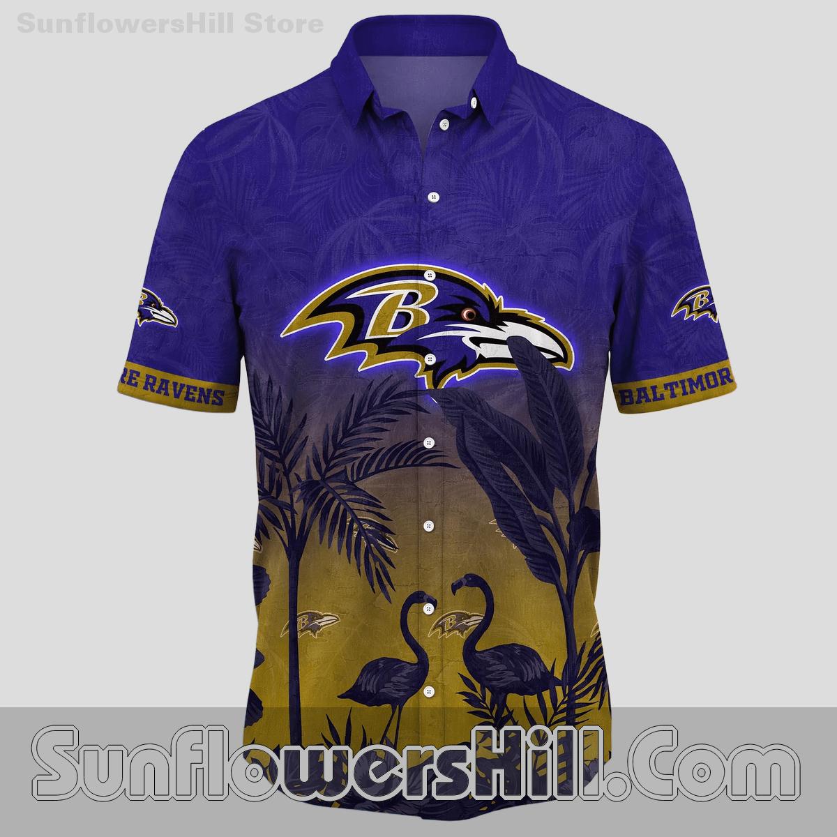 Baltimore Ravens Sunset Flamingo Hawaiian Shirt for Beach Trips and Game Day
