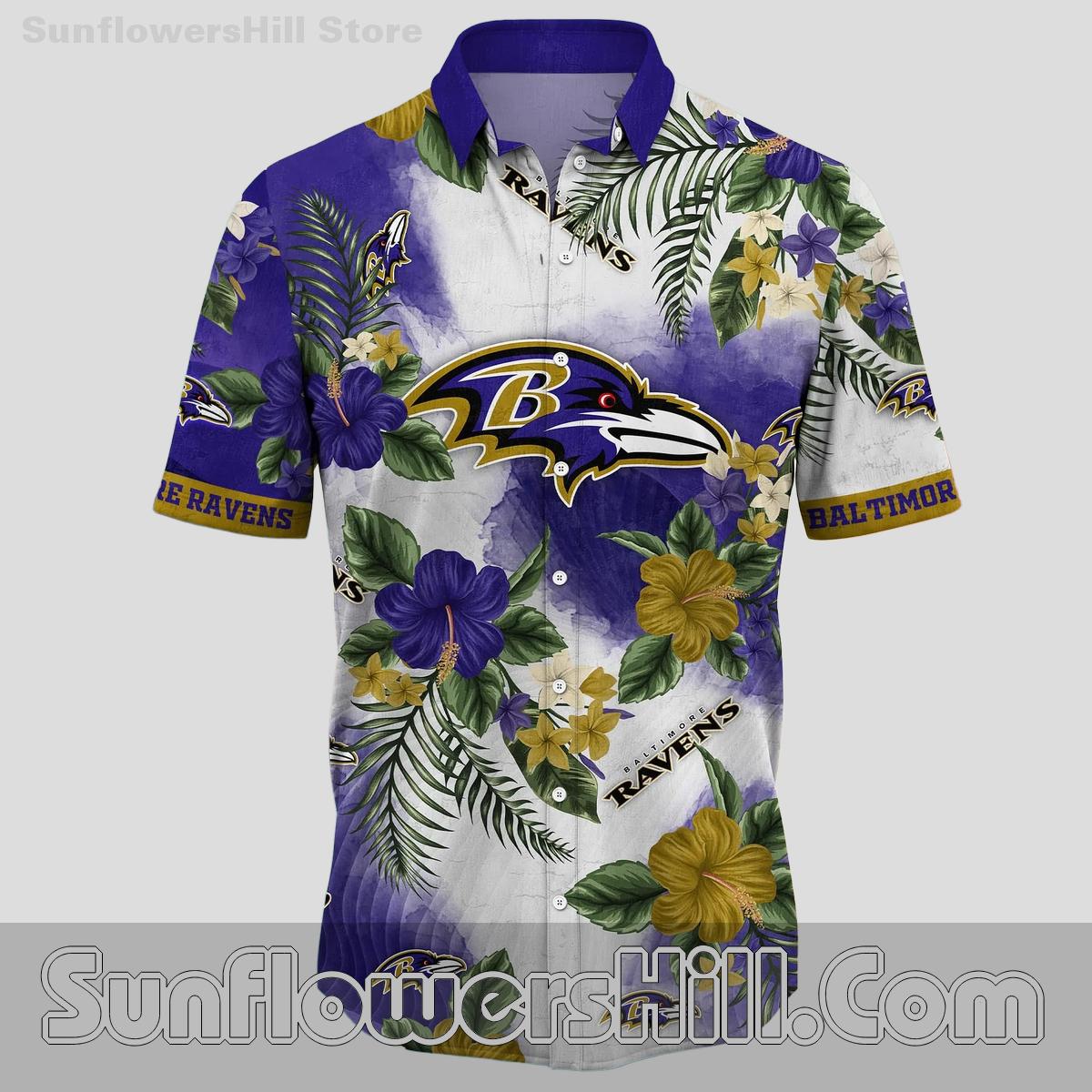 Baltimore Ravens Watercolor Floral Hawaiian Shirt for Beach Days and Backyard BBQs