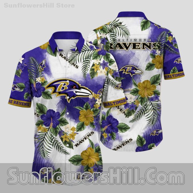Baltimore Ravens Watercolor Floral Hawaiian Shirt for Beach Days and Backyard BBQs
