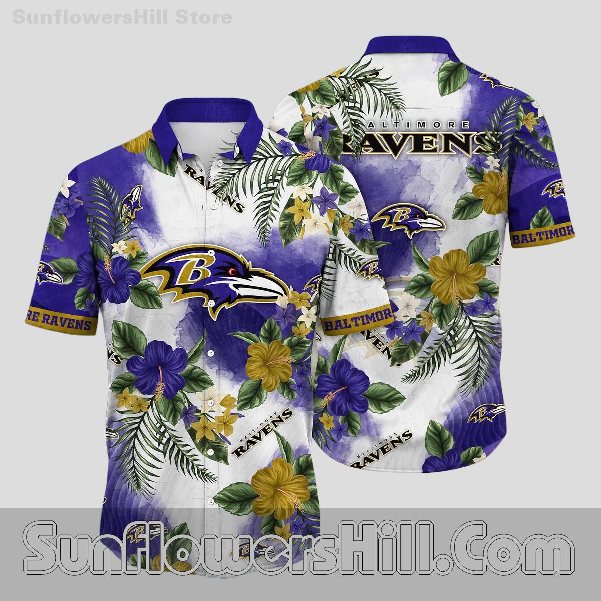 Baltimore Ravens Watercolor Floral Hawaiian Shirt for Beach Days and Backyard BBQs