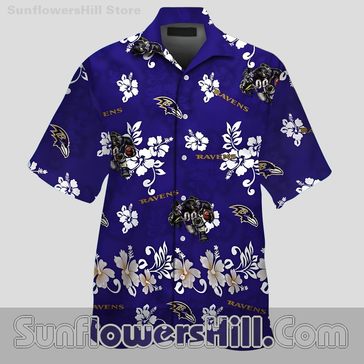 Baltimore Ravens White Flower Aloha Shirt for Summer Parties and Vacations