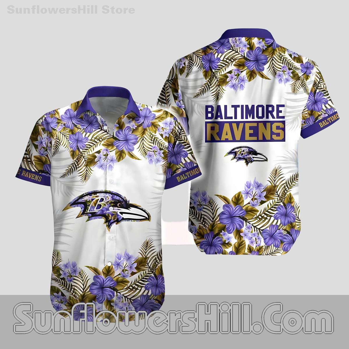 Baltimore Ravens White Hibiscus Casual Shirt for Tailgate Parties and Cookouts