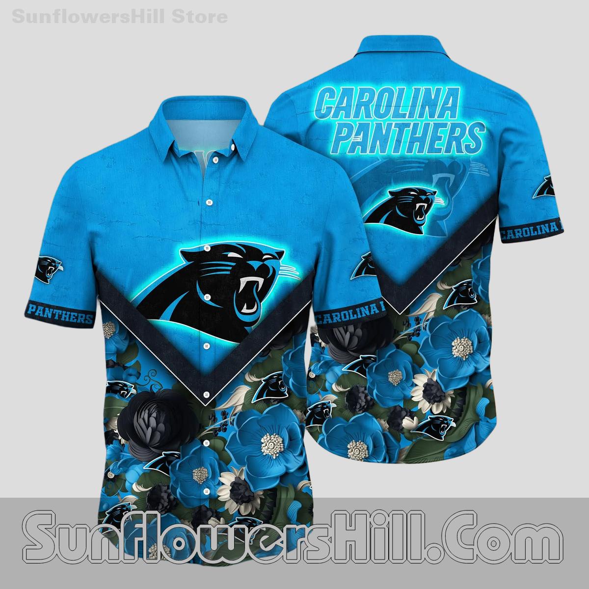 Carolina Panthers Blue Floral Button Up Shirt for Beach Tailgates