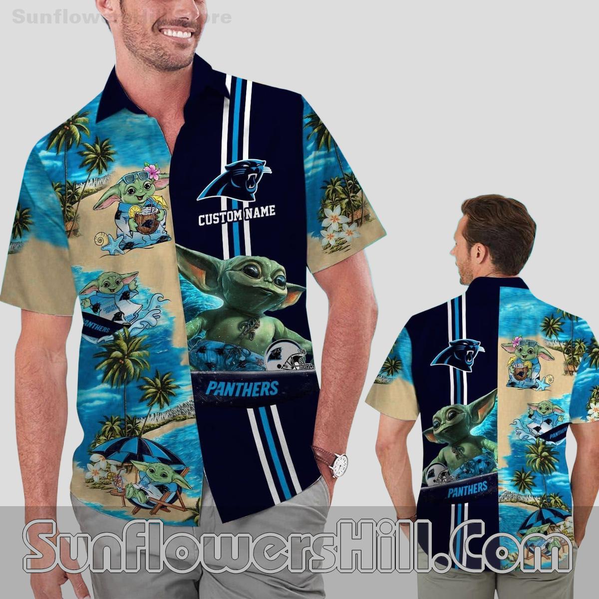 Custom Name Carolina Panthers Baby Yoda Hawaiian Shirt for Beach Loving Fans