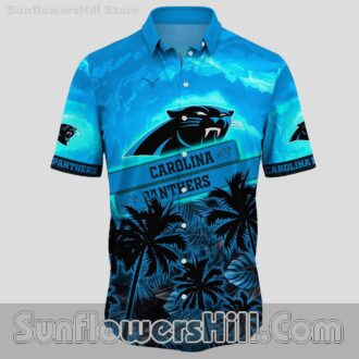 Alternative view of Carolina Panthers Palm Print Button Up Shirt for Beach Day Fans