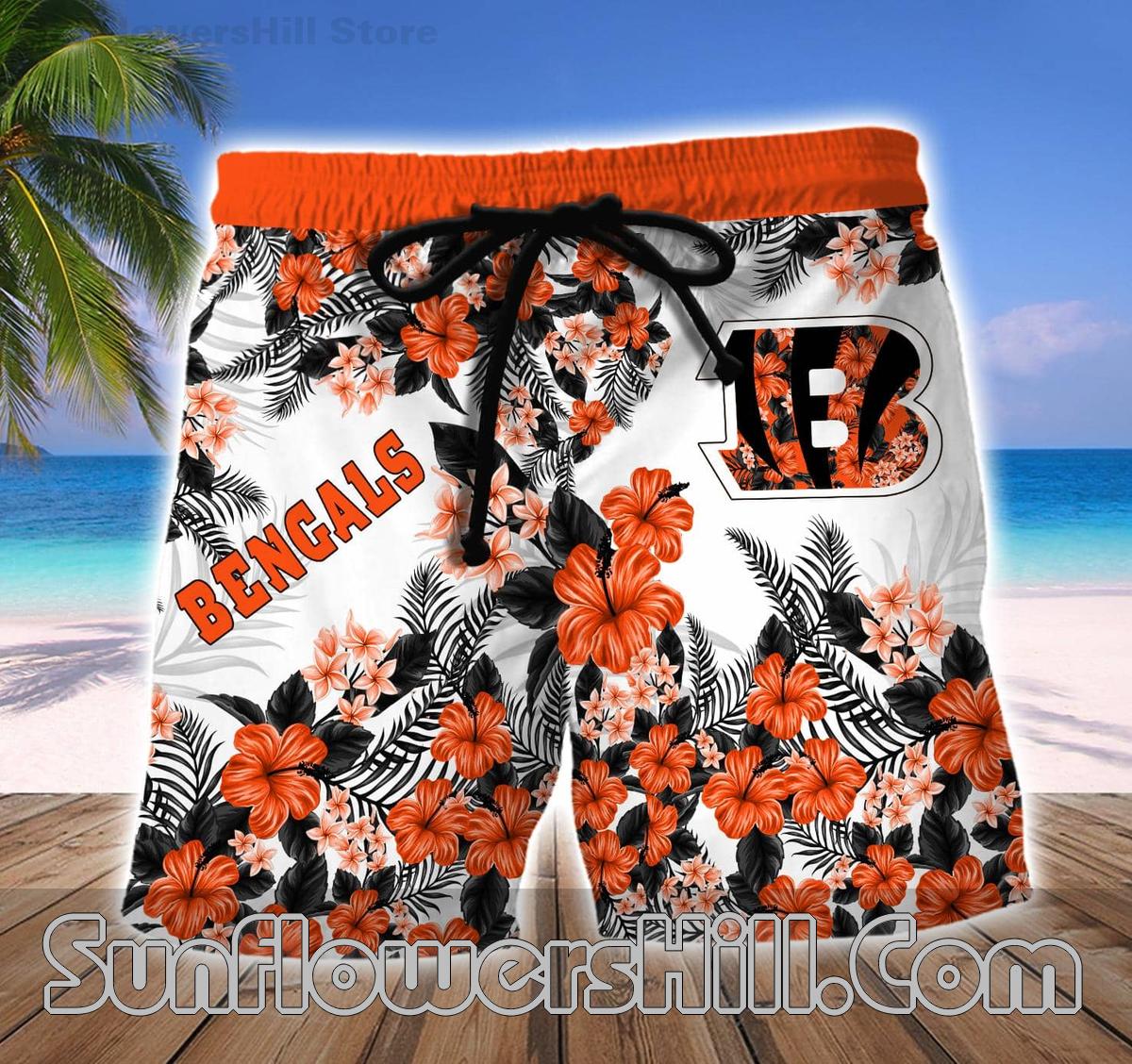 Cincinnati Bengals Hibiscus Bloom Hawaiian Shirt and Shorts Set for Beach Trips