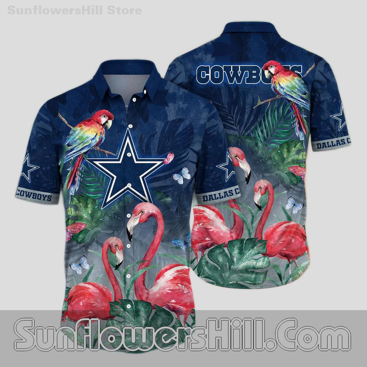 Official Looking Cowboys Floral Shirt with Flamingos and Jungle Leaves for Texas Football Lovers