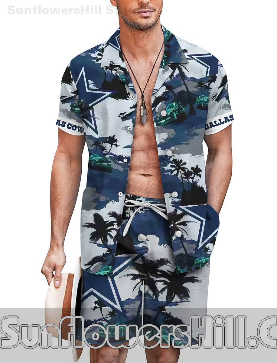 Best Seller! Cowboys Palm Tree Hawaiian Shirt & Shorts Set for Summer Tailgates & BBQ Parties