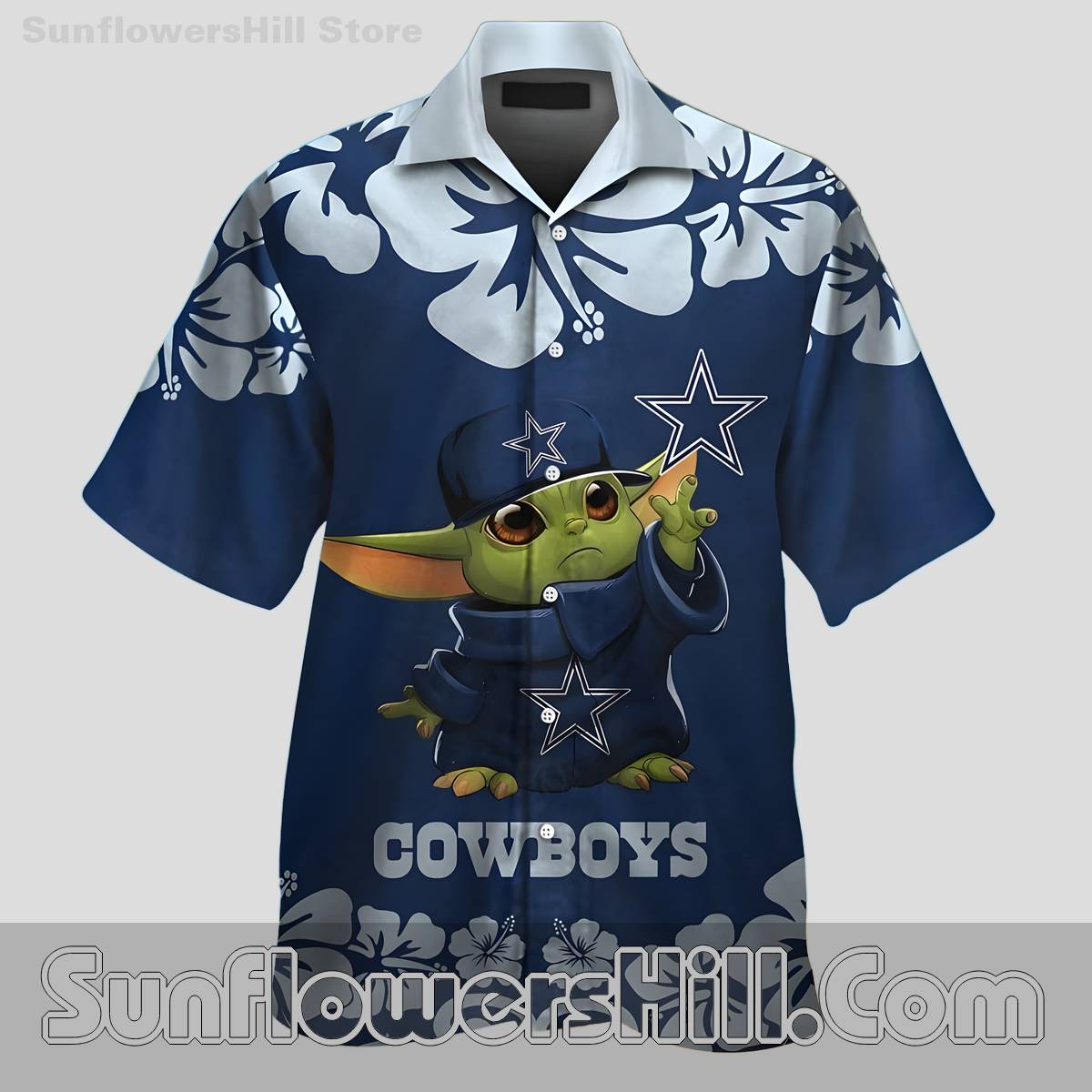 Dallas Cowboys Cartoon Baby Yoda Floral Print Hawaiian Shirt for Game Day and Summer BBQs