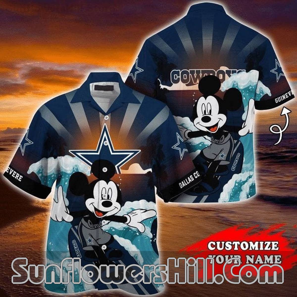 Dallas Cowboys Custom Name Surfing Mickey Button Down Shirt for Summer Fun