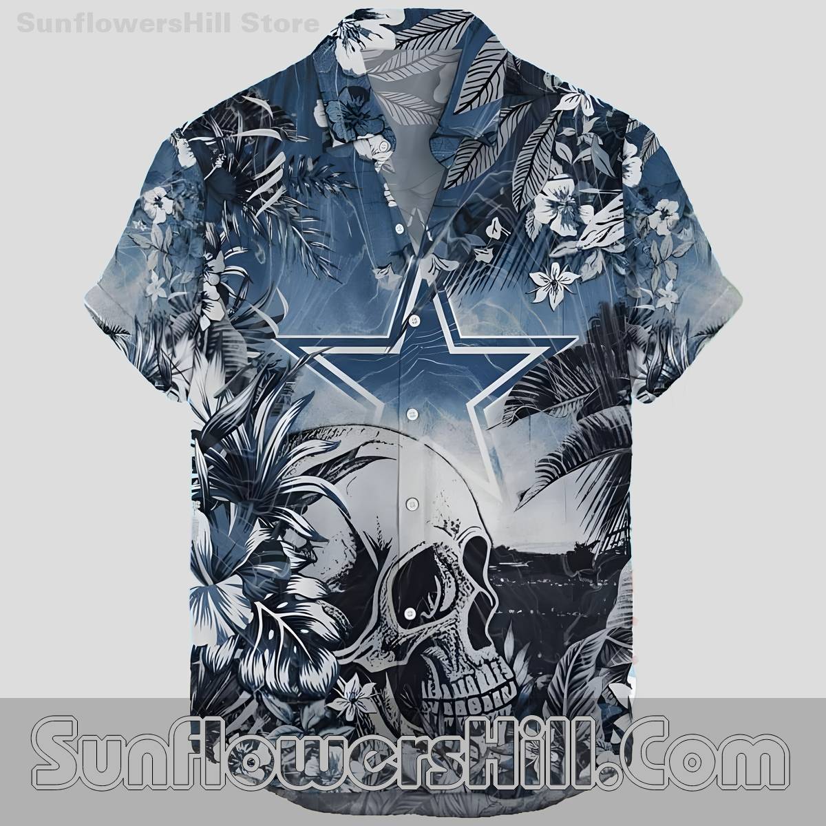 Dallas Cowboys Skull and Hibiscus Button Up Shirt for Rocker Fans