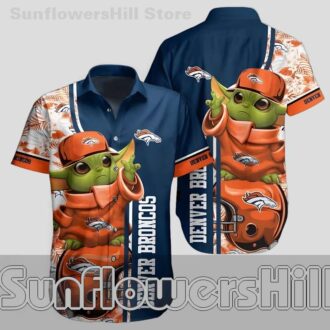 Denver Broncos Baby Yoda Relaxed Fit Button Down Shirt for Unisex Everyday Wear