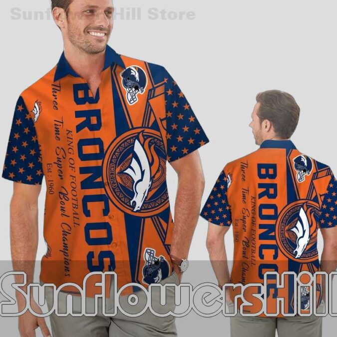 Denver Broncos Bold Orange Navy Stars Print Hawaiian Shirt Game Day Essential for Men and Fans