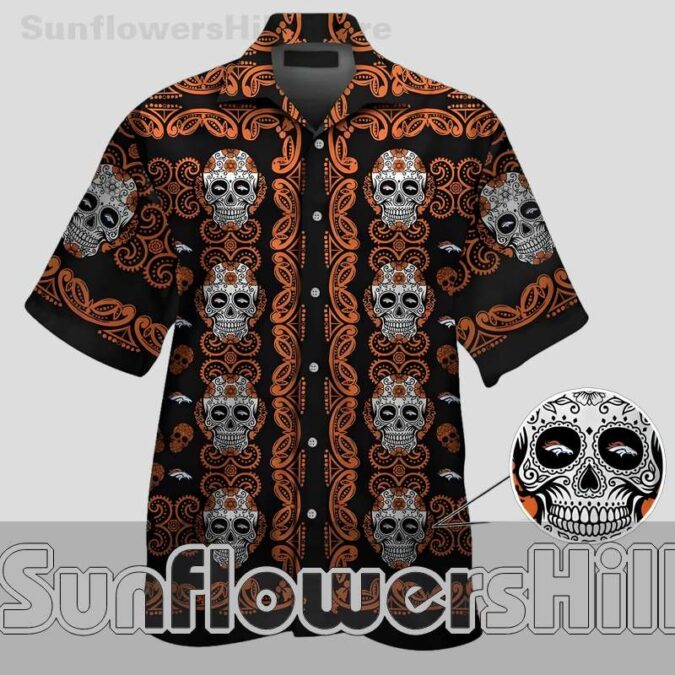 Denver Broncos Day of the Dead Skull Print Casual Shirt for Tailgate Parties