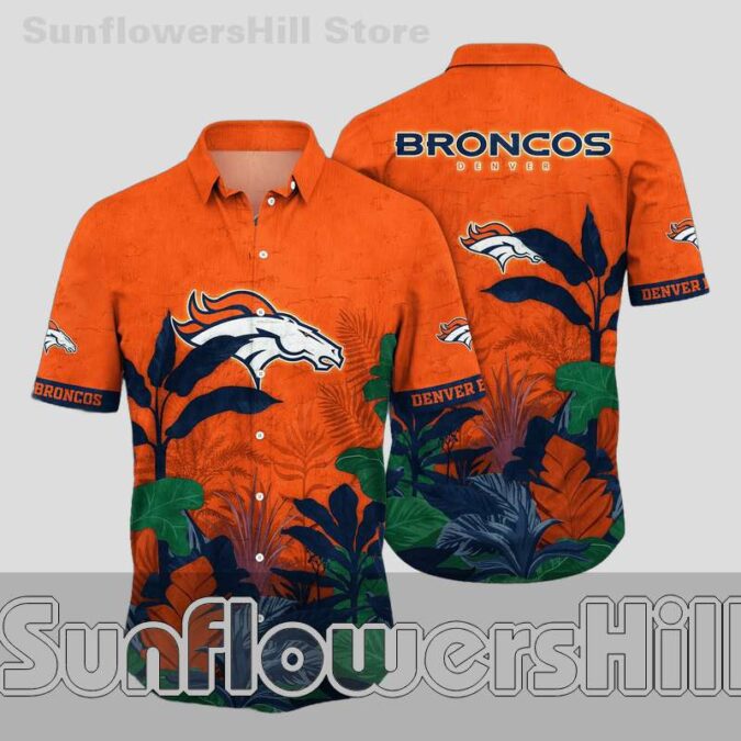 Denver Broncos Navy Green Leaf Short Sleeve Hawaiian Shirt for Tailgate Crew