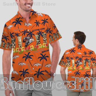 Denver Broncos Orange Tiki Tropical Casual Short Sleeve Shirt for Summer Beach Parties
