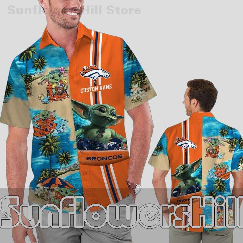 Denver Broncos Palm Tree Beach Baby Yoda Button Up Shirt for Summer Parties