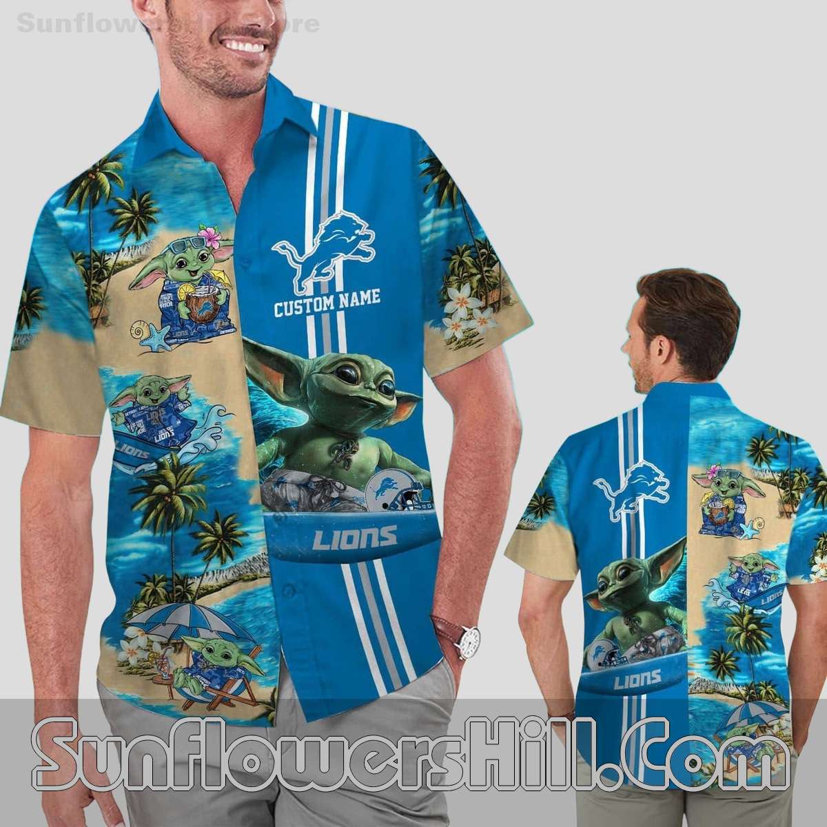 Detroit Lions Baby Yoda Name Personalized Short Sleeve Button Up Tropical Hawaiian Shirt