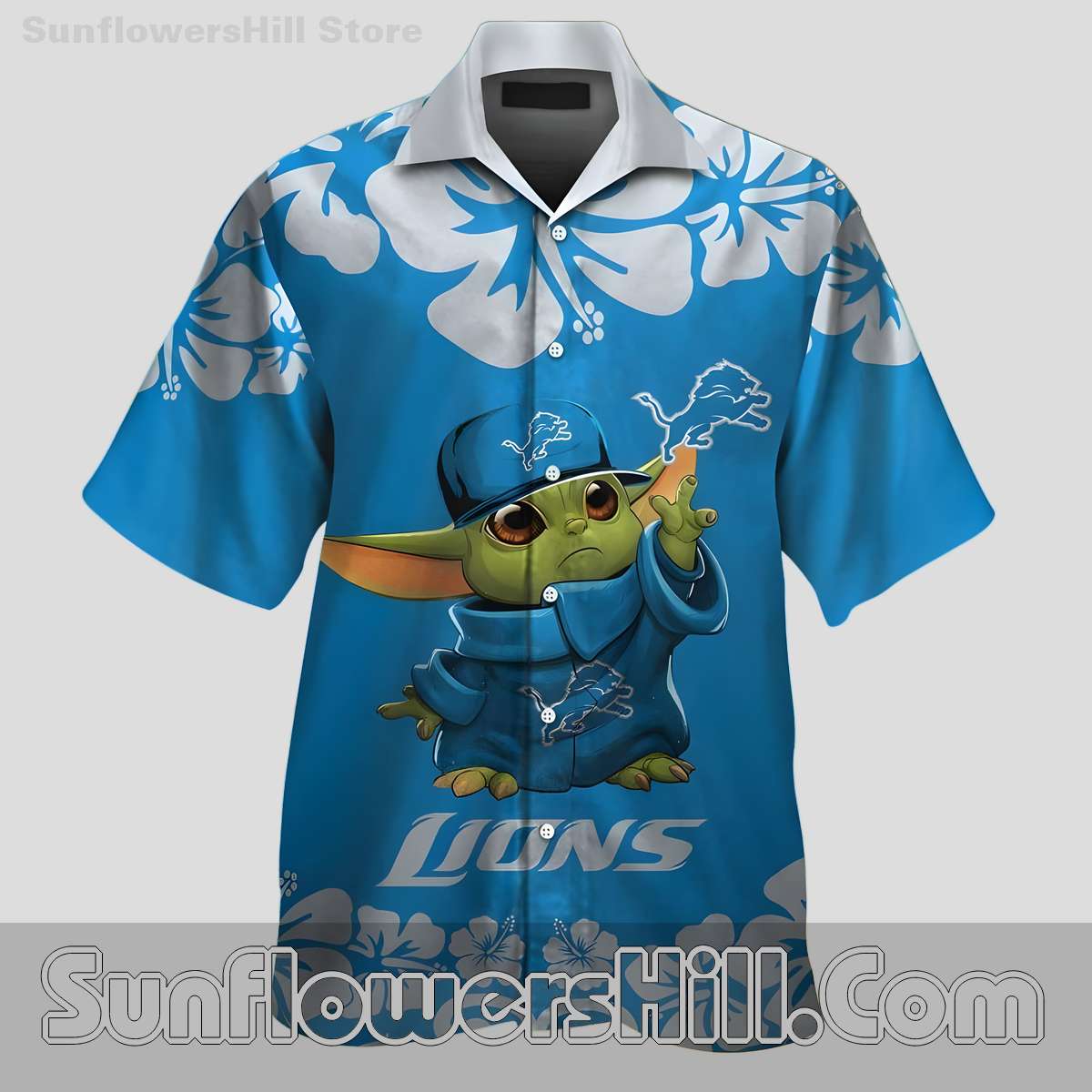 Detroit Lions Blue Hibiscus Baby Yoda Casual Shirt for BBQs and Holidays
