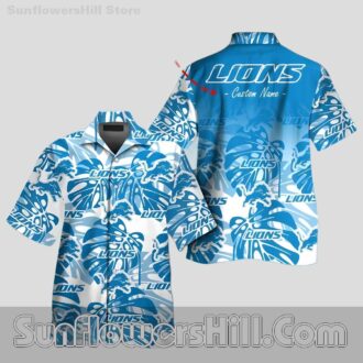 Detroit Lions Blue Palm Leaf Hawaiian Shirt with Custom Name for Beach Trips